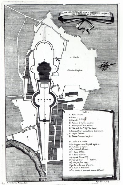 Plan au sol du Vatican, Rome, gravé par Alessandro Specchi - Carlo Fontana